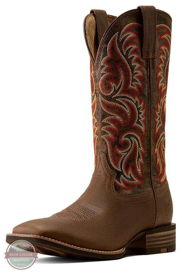 Ariat's 10080535 Men's Arrowrock Wide Square Toe Cowboy Boot in Bronzed Mocha / Tobacco Tan, A brown leather cowboy boot with a square toe and a highly decorative embroidered shaft featuring red, orange, and beige floral scrollwork, shown against a plain white background.