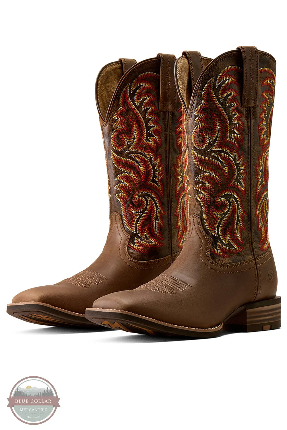 Ariat's 10080535 Men's Arrowrock Wide Square Toe Cowboy Boot in Bronzed Mocha / Tobacco Tan, A pair of brown leather cowboy boots with intricate red, orange, and yellow embroidered floral patterns on the shafts, shown against a plain white background.