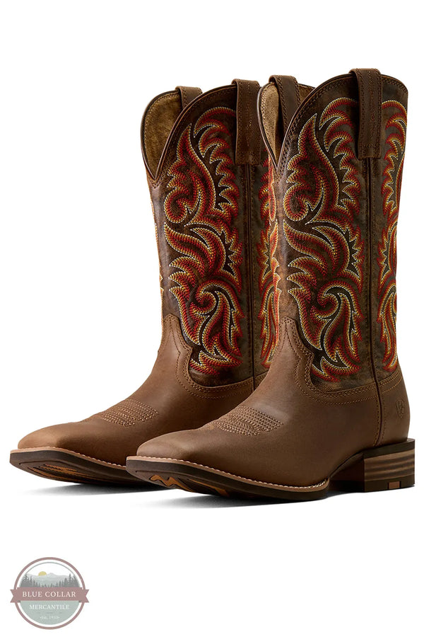 Ariat's 10080535 Men's Arrowrock Wide Square Toe Cowboy Boot in Bronzed Mocha / Tobacco Tan, A pair of brown leather cowboy boots with intricate red, orange, and yellow embroidered floral patterns on the shafts, shown against a plain white background.
