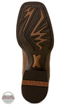 Ariat's 10080535 Men's Arrowrock Wide Square Toe Cowboy Boot in Bronzed Mocha / Tobacco Tan, The outsole of a brown Ariat boot, showing a square toe design with a textured tread pattern and the brand name 'ARIAT' embossed on the heel.