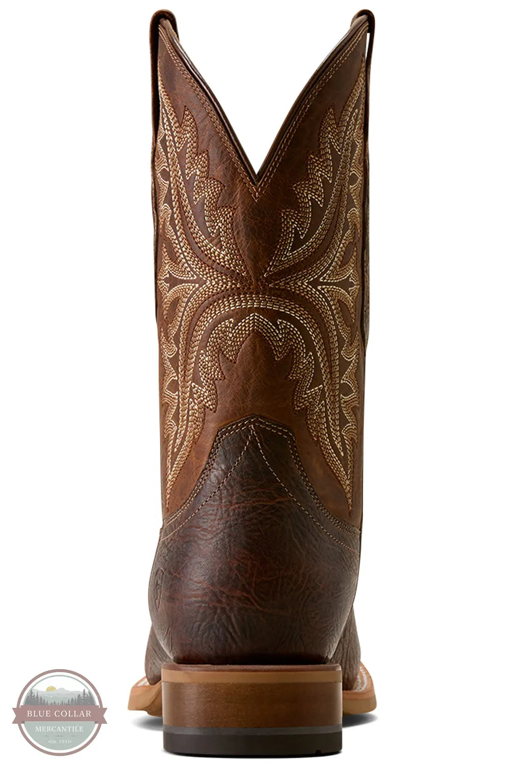Ariat 10080558 Men's Walker Wide Square Toe Cowboy Boot in Smoked Amber / Ranchwood, A brown leather cowboy boot shown from the back, featuring intricate western-style embroidery on the shaft and a stacked block heel, photographed against a white background.
