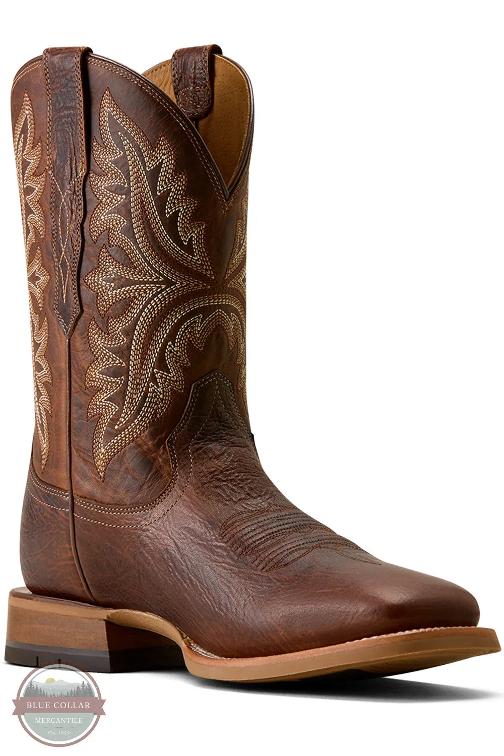 Ariat 10080558 Men's Walker Wide Square Toe Cowboy Boot in Smoked Amber / Ranchwood, A single brown leather cowboy boot with intricate western embroidery on the shaft, shown in profile against a white background.