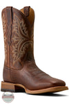 Ariat 10080558 Men's Walker Wide Square Toe Cowboy Boot in Smoked Amber / Ranchwood, A single brown leather cowboy boot with intricate western embroidery on the shaft, shown in profile against a white background.