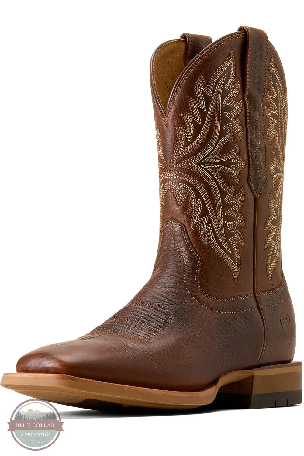 Ariat 10080558 Men's Walker Wide Square Toe Cowboy Boot in Smoked Amber / Ranchwood, A single brown leather cowboy boot with decorative tan embroidery on the shaft, shown in a side profile against a white background.