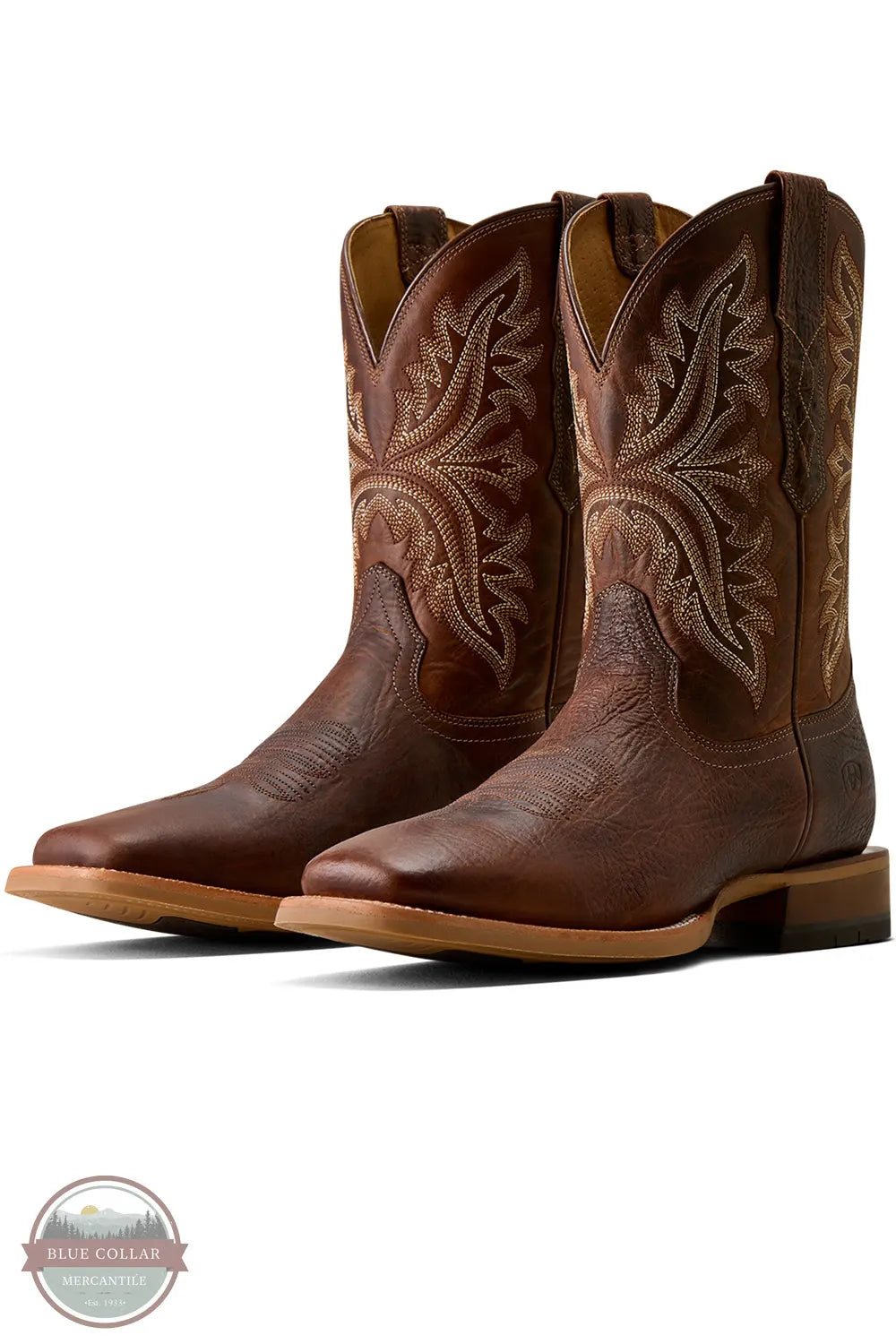 Ariat 10080558 Men's Walker Wide Square Toe Cowboy Boot in Smoked Amber / Ranchwood, A pair of brown leather cowboy boots with intricate western embroidery on the shafts, shown from a three-quarters angle on a white background.