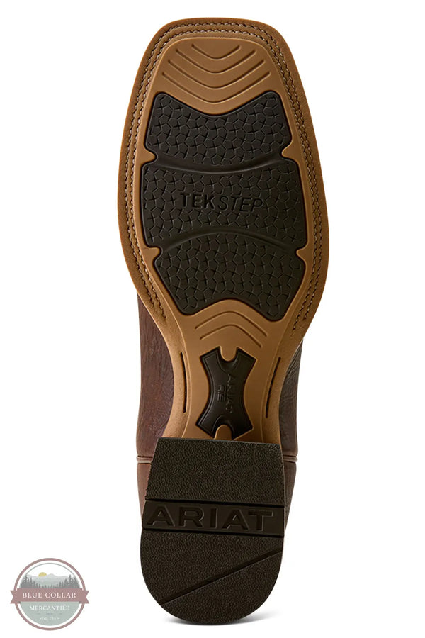 Ariat 10080558 Men's Walker Wide Square Toe Cowboy Boot in Smoked Amber / Ranchwood, The bottom sole of a brown leather Ariat boot, showing the textured black TEK-STEP tread pattern and the Ariat brand name embossed on the heel, set against a plain white background.