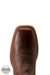 Ariat 10080558 Men's Walker Wide Square Toe Cowboy Boot in Smoked Amber / Ranchwood, Close-up of the square toe of a brown leather cowboy boot with decorative stitching and a pointed vamp edge, shown on a white background.