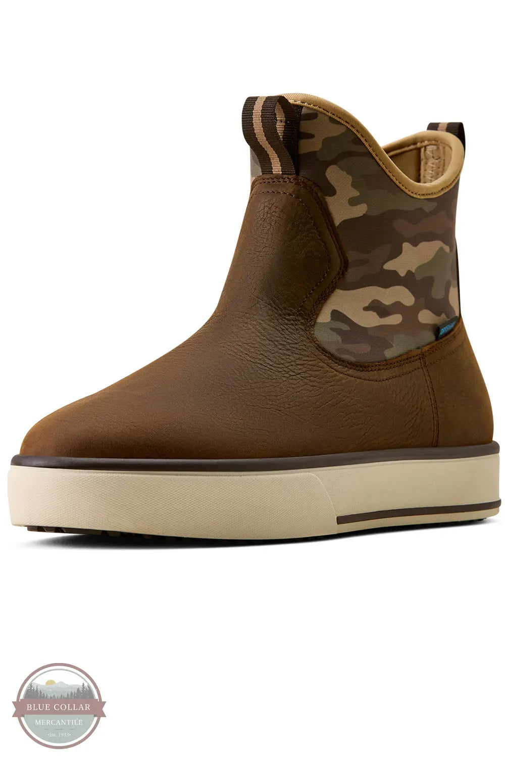 Ariat Saylor Shrimp Waterproof Boot in Dark Brown / Camo. A brown leather ankle boot with a camouflage pattern side panel and a thick cream-colored platform sole, shown against a plain white background.