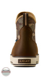 Ariat Saylor Shrimp Waterproof Boot in Dark Brown / Camo. A rear view of an Ariat mid-calf boot featuring a brown leather heel and toe, a brown and tan camouflage patterned upper, and a cream and brown sole with the ARIAT logo.
