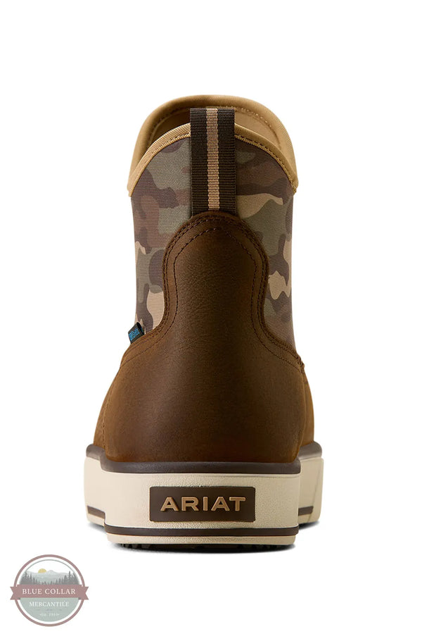 Ariat Saylor Shrimp Waterproof Boot in Dark Brown / Camo. A rear view of an Ariat mid-calf boot featuring a brown leather heel and toe, a brown and tan camouflage patterned upper, and a cream and brown sole with the ARIAT logo.