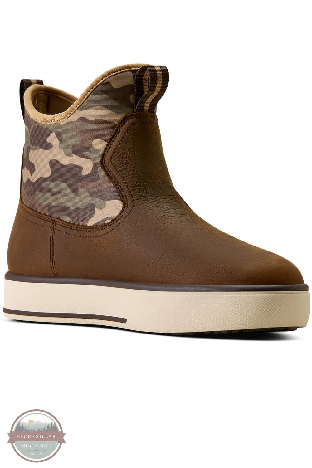 Ariat Saylor Shrimp Waterproof Boot in Dark Brown / Camo. A brown leather ankle boot with a camouflage pattern panel on the side and a thick cream-colored sole, shown against a plain white background.