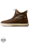 Ariat Saylor Shrimp Waterproof Boot in Dark Brown / Camo. A brown leather ankle boot with a camouflage pattern elastic side panel, a beige sole, and a small blue 'Buckeye' brand tag on the side.