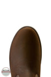 Ariat Saylor Shrimp Waterproof Boot in Dark Brown / Camo. Close-up top-down view of a brown leather boot on a white background, showing the toe and side profile with a small Blue Collar logo watermark in the lower-left corner.