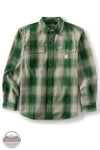 Carhartt 107013-G02 Men's Hubbard Loose Fit Long Sleeve Flannel Plaid Shirt, A green and beige plaid long-sleeve button-up shirt by Carhartt, featuring two buttoned chest pockets and the signature Carhartt logo patch on the left chest, displayed against a white background.