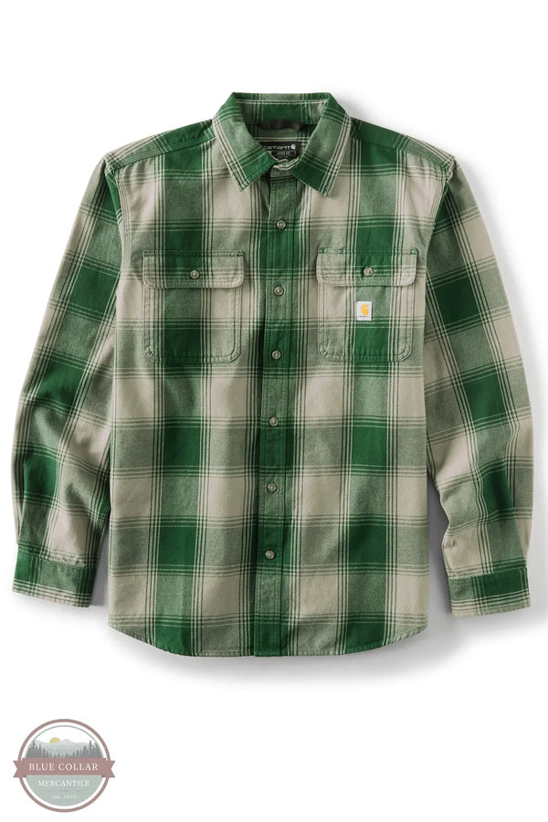 Carhartt 107013-G02 Men's Hubbard Loose Fit Long Sleeve Flannel Plaid Shirt, A green and beige plaid long-sleeve button-up shirt by Carhartt, featuring two buttoned chest pockets and the signature Carhartt logo patch on the left chest, displayed against a white background.