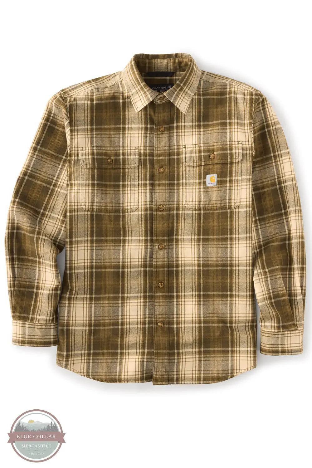 Carhartt 107013-GN6 Men's Hubbard Loose Fit Long Sleeve Flannel Plaid Shirt, A Carhartt long-sleeve plaid button-up shirt in brown and beige, shown against a plain white background with a small 'Blue Collar' watermark in the bottom-left corner.