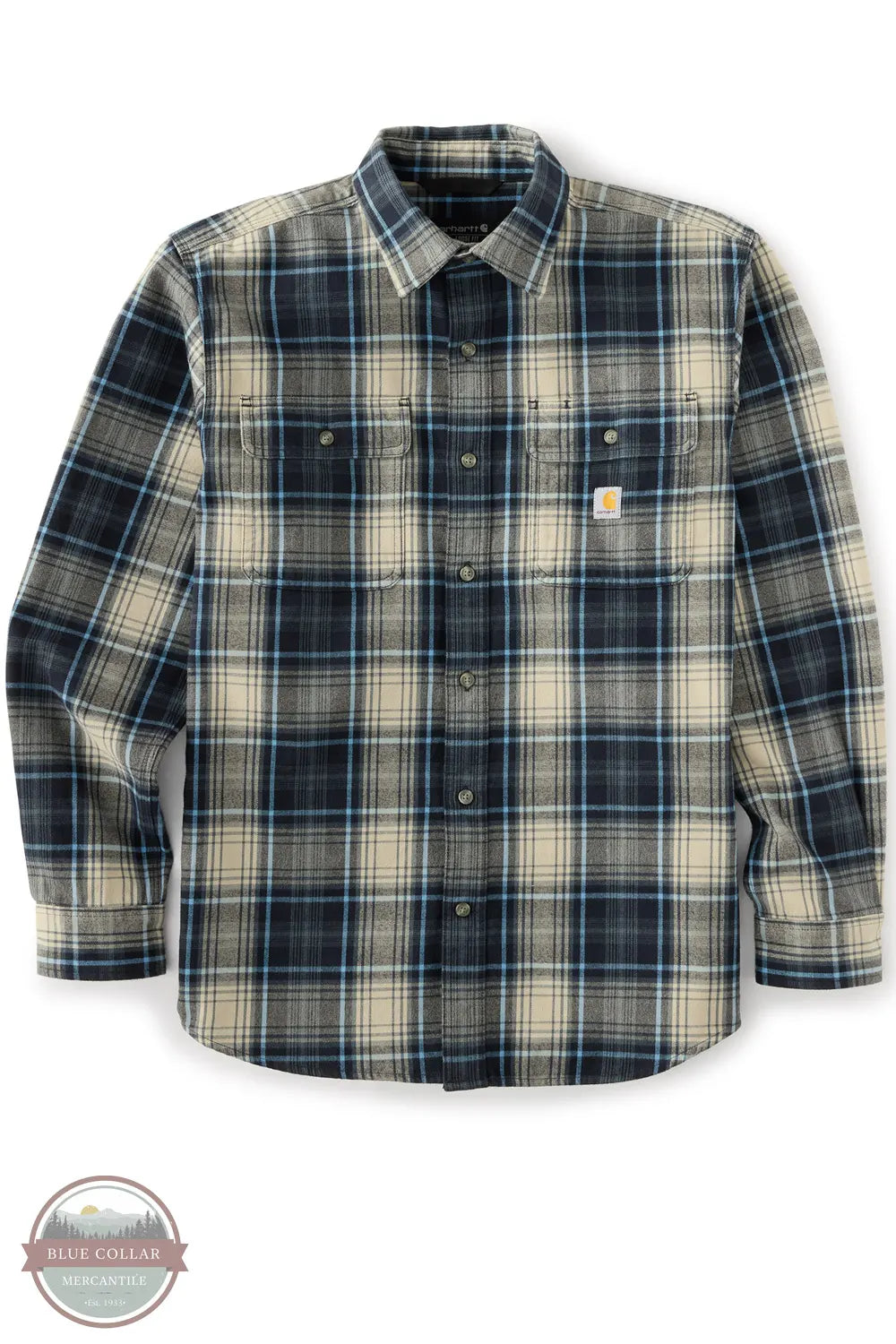 Carhartt 107013-I26 Men's Hubbard Loose Fit Long Sleeve Flannel Plaid Shirt, A Carhartt long-sleeve plaid button-up shirt in navy blue, beige, and white, shown against a plain white background with a Blue Collar Store watermark in the bottom-left corner.