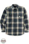 Carhartt 107013-I26 Men's Hubbard Loose Fit Long Sleeve Flannel Plaid Shirt, A Carhartt long-sleeve plaid button-up shirt in navy blue, beige, and white, shown against a plain white background with a Blue Collar Store watermark in the bottom-left corner.