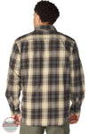 Carhartt 107013-N04 Men's Hubbard Loose Fit Long Sleeve Flannel Plaid Shirt, A man viewed from the back wearing a long-sleeve plaid button-up shirt in beige, navy, and brown tones, paired with olive green pants against a white background.