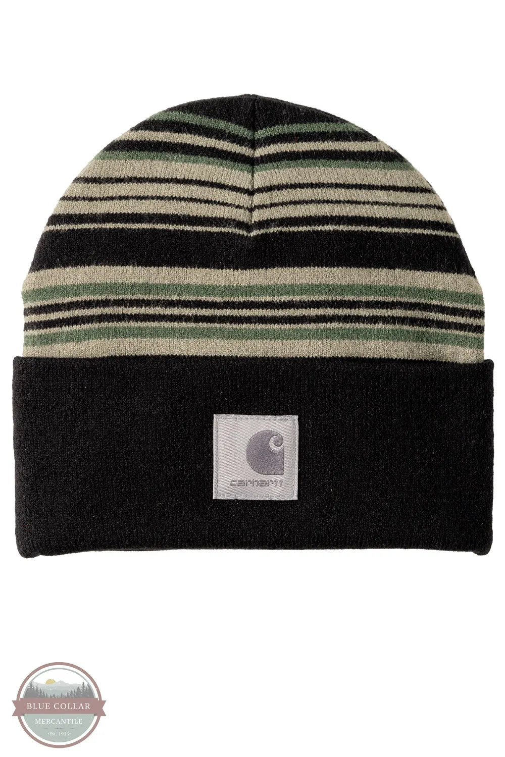 Carhartt 107710-dov dusty olive Striped Cuffed Beanie,  hat featuring horizontal stripes in black, olive green, and beige on the upper portion, with a solid black folded cuff at the bottom. A square white Carhartt brand patch is stitched onto the cuff.