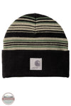 Carhartt 107710-dov dusty olive Striped Cuffed Beanie,  hat featuring horizontal stripes in black, olive green, and beige on the upper portion, with a solid black folded cuff at the bottom. A square white Carhartt brand patch is stitched onto the cuff.