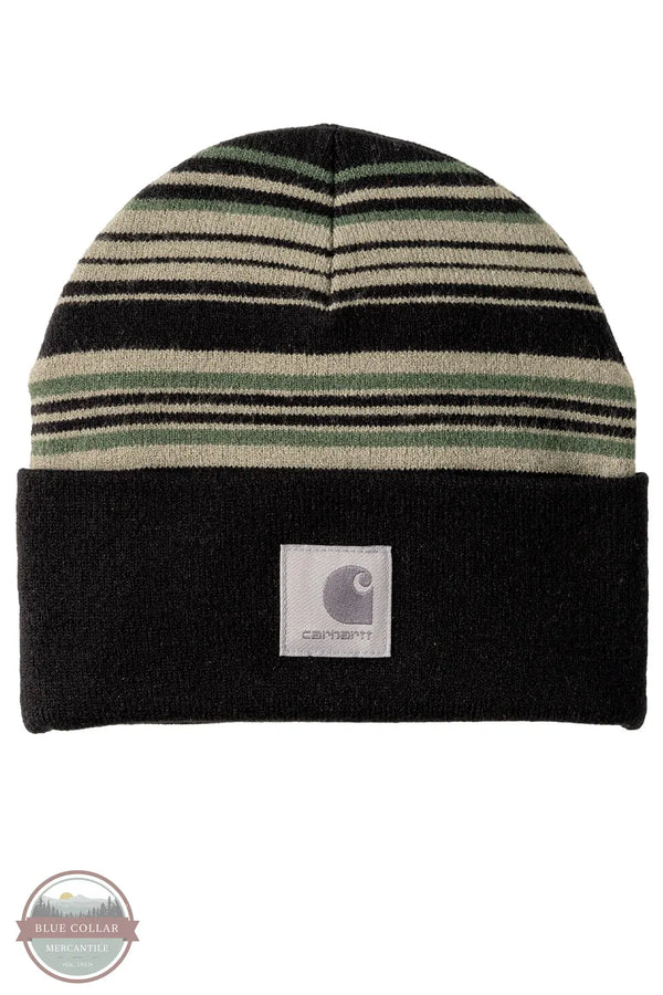 Carhartt 107710-dov dusty olive Striped Cuffed Beanie,  hat featuring horizontal stripes in black, olive green, and beige on the upper portion, with a solid black folded cuff at the bottom. A square white Carhartt brand patch is stitched onto the cuff.