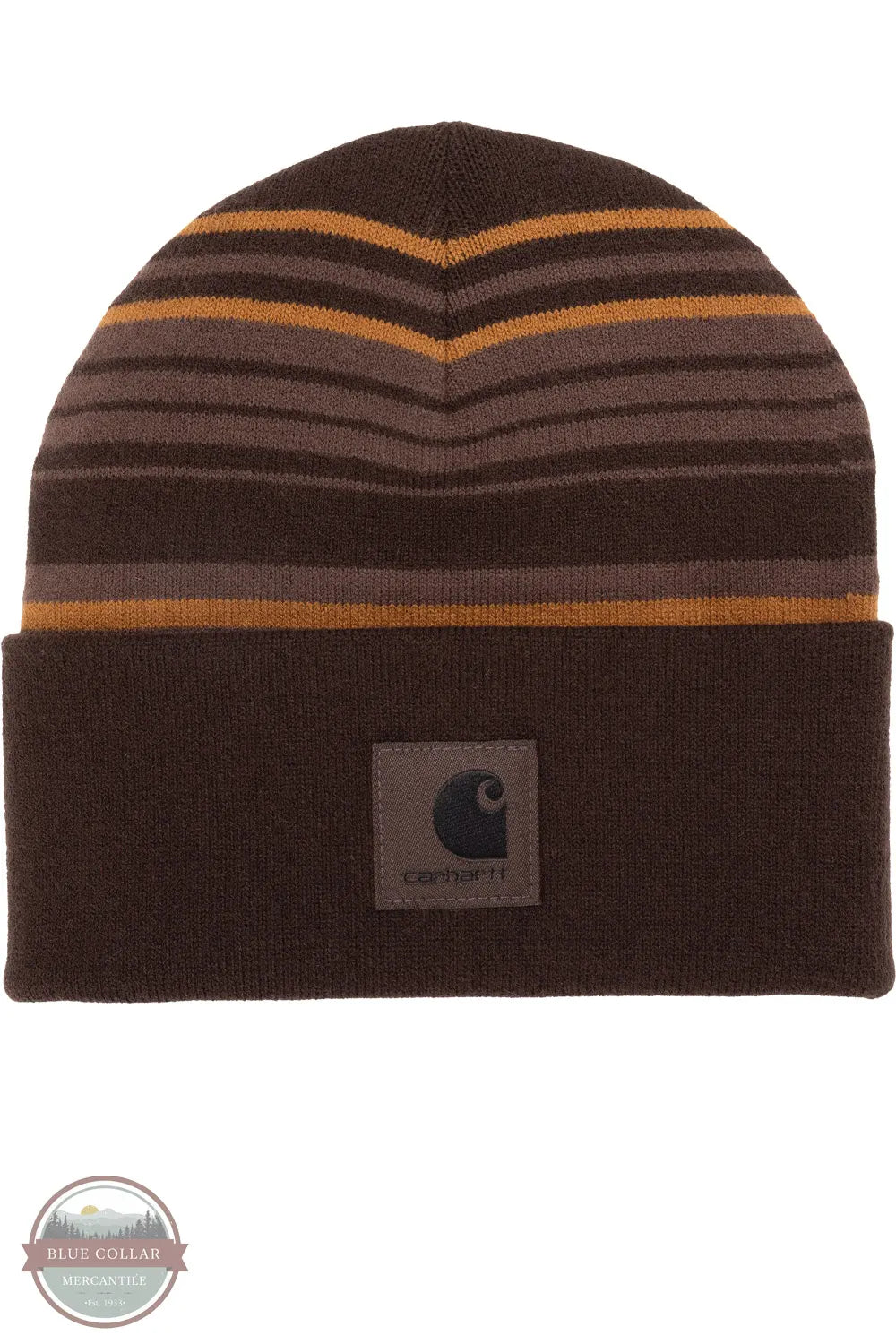 Carhartt 107710-ee6 dark clove Striped Cuffed Beanie with horizontal stripes in dark brown, medium brown, and mustard yellow, featuring a folded cuff with a square Carhartt logo patch.
