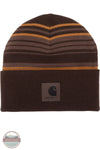 Carhartt 107710-ee6 dark clove Striped Cuffed Beanie with horizontal stripes in dark brown, medium brown, and mustard yellow, featuring a folded cuff with a square Carhartt logo patch.