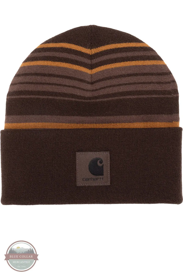 Carhartt 107710-ee6 dark clove Striped Cuffed Beanie with horizontal stripes in dark brown, medium brown, and mustard yellow, featuring a folded cuff with a square Carhartt logo patch.