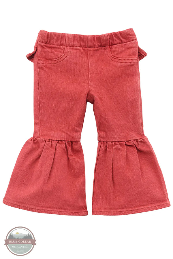 Red bell-bottom pants on a white background There’s no denying how cute your cowgirl will look in our Little Girl’s Vibrant Ruffle Leg Flare Jean. These flares are crafted from a soft cotton blend with a hint of stretch for extra comfort. They feature an elastic waist for easy changing, ruffles along the back for extra flair, and ruffled legs that will have her ready for the rodeo.

 Fit: Regular
 Waist: Elastic
 Leg: Flare front