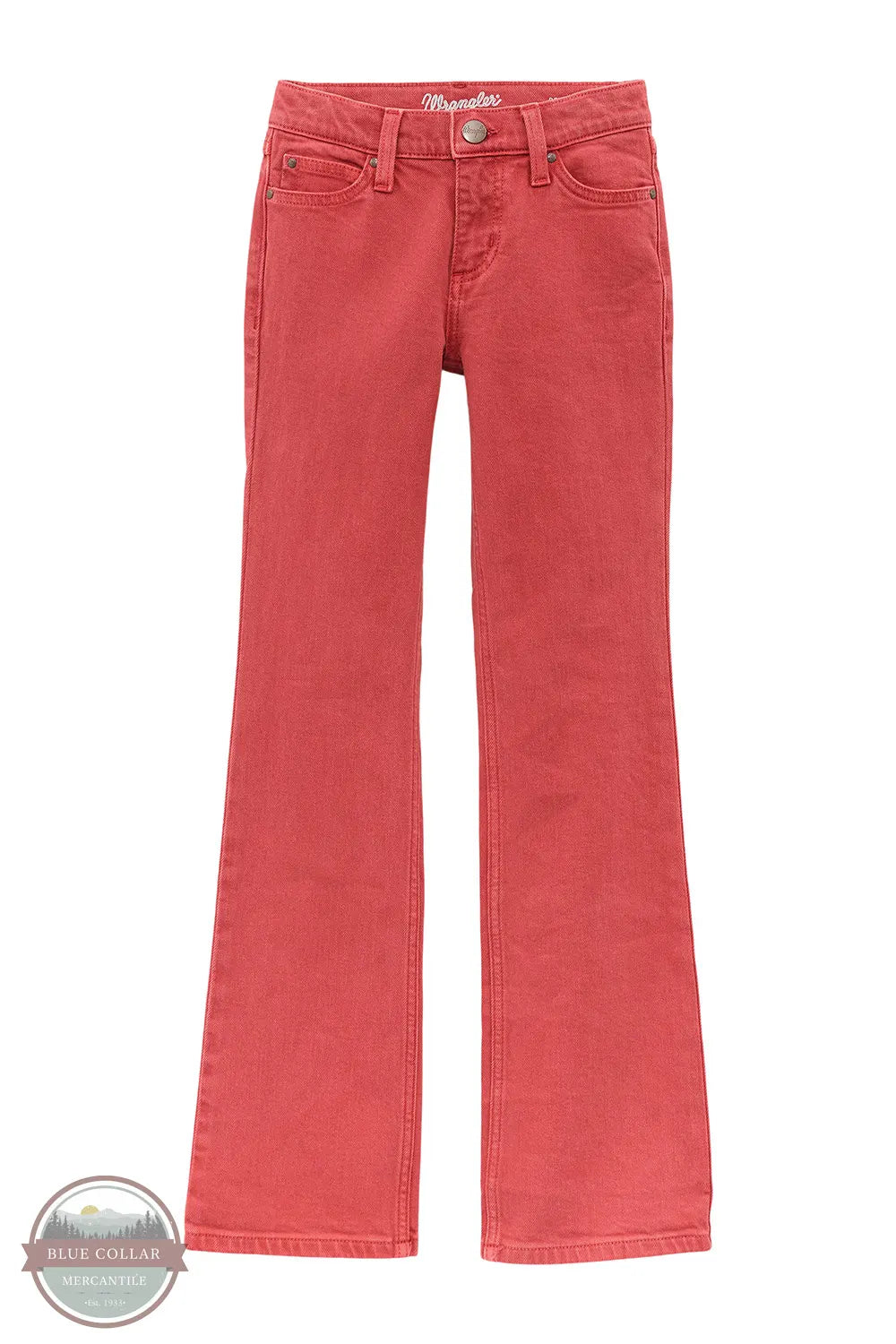 Red jeans on a white background with 'Blue Coloured' branding. Wrangler 112371945 Girl's Chili Retro Vibrant Bootcut Jean front