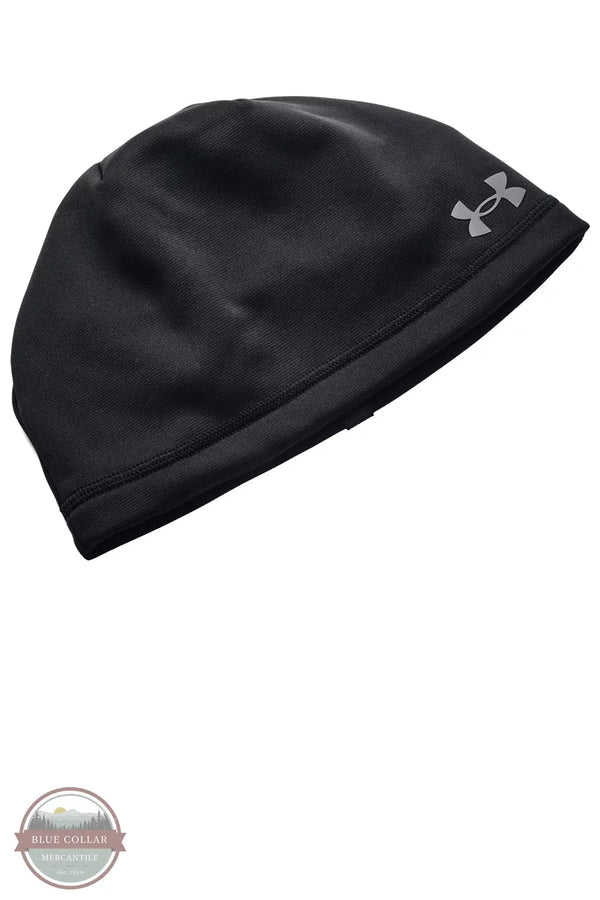 Under Armour 1365918 UA Men's Storm Beanie, A black athletic beanie hat featuring a small silver Under Armour logo on the side, displayed against a solid white background.
