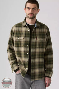 Levi's 19587-0427 Men's Classic Worker Long-Sleeve Flannel Shirt model wearing Warwick Plaid Rosin Colored Shirt