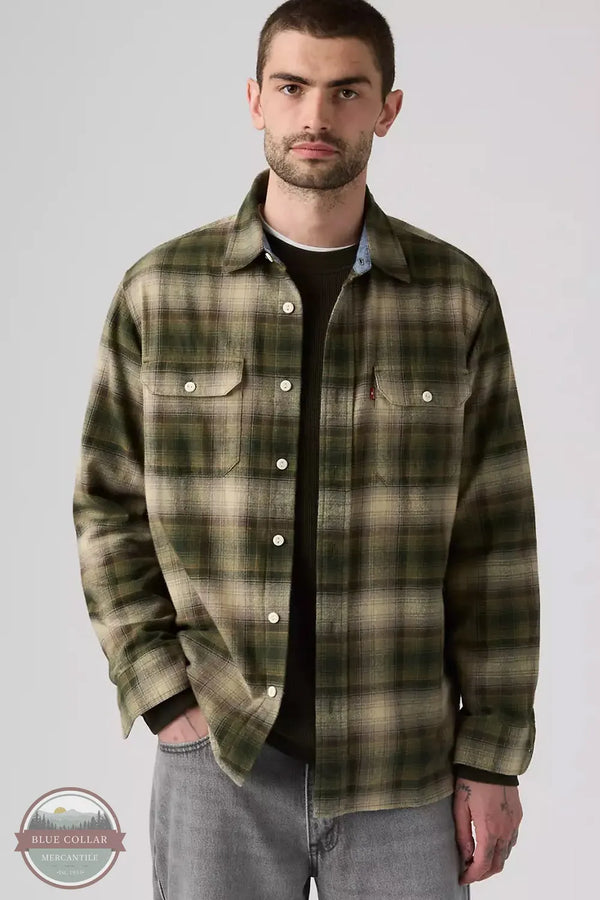 Levi's 19587-0427 Men's Classic Worker Long-Sleeve Flannel Shirt model wearing Warwick Plaid Rosin Colored Shirt