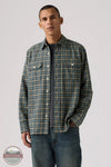 Levi's 19587-0431 Men's Classic Worker Long-Sleeve Flannel Shirt model wearing Finlay Plaid Stormy Sea colored shirt