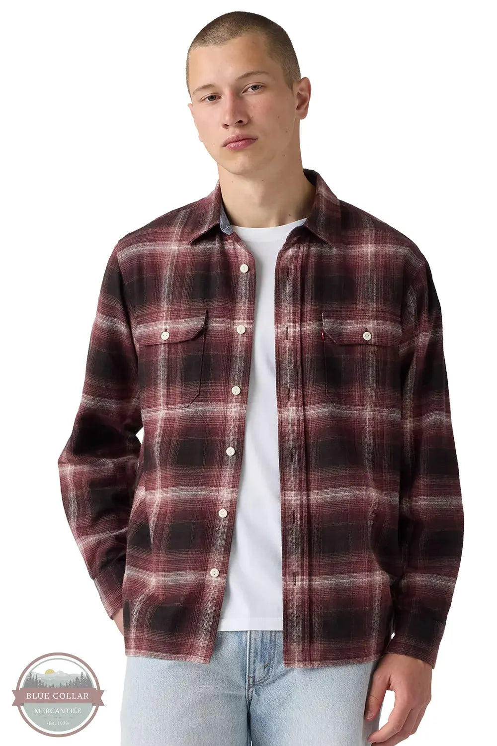 Levi's 19587-0440 Men's Classic Worker Long-Sleeve Flannel Shirt model wearing Jericho Plaid V4 Vineyard Wine colored shirt