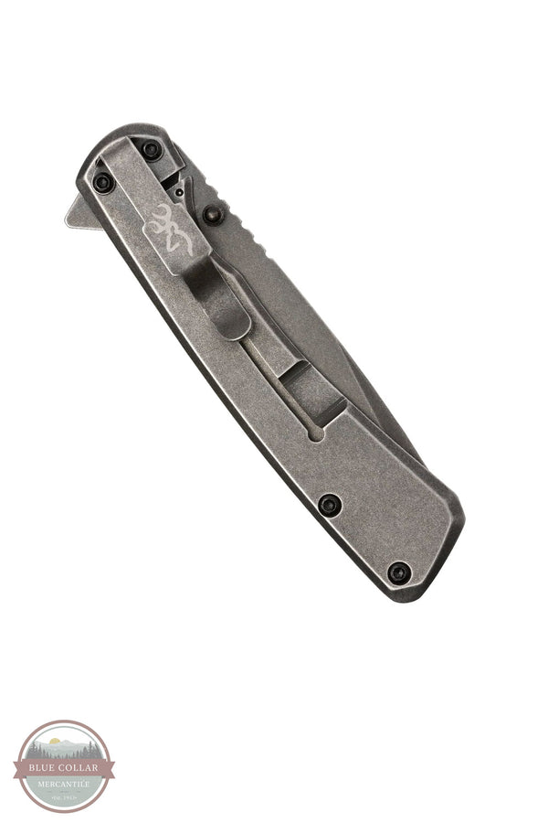 Browning Branded Rock Folder Black Pocket Knife 3220514 showing back metal clip side closed