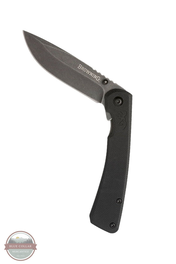 Browning Branded Rock Folder Black Pocket Knife 3220514 showing knife half folded