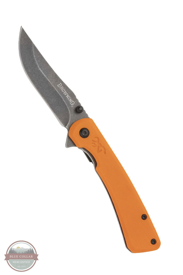 Browning Branded Rock Folder Orange Folding Pocket Knife 3220560 shown opened