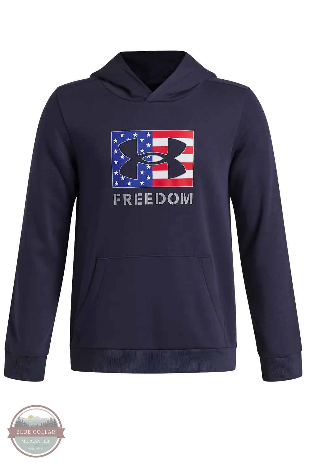 Under Armour 6015360-410 Boy's UA Freedom Big Flag Logo Youth Hoodie in Blue Front Shown