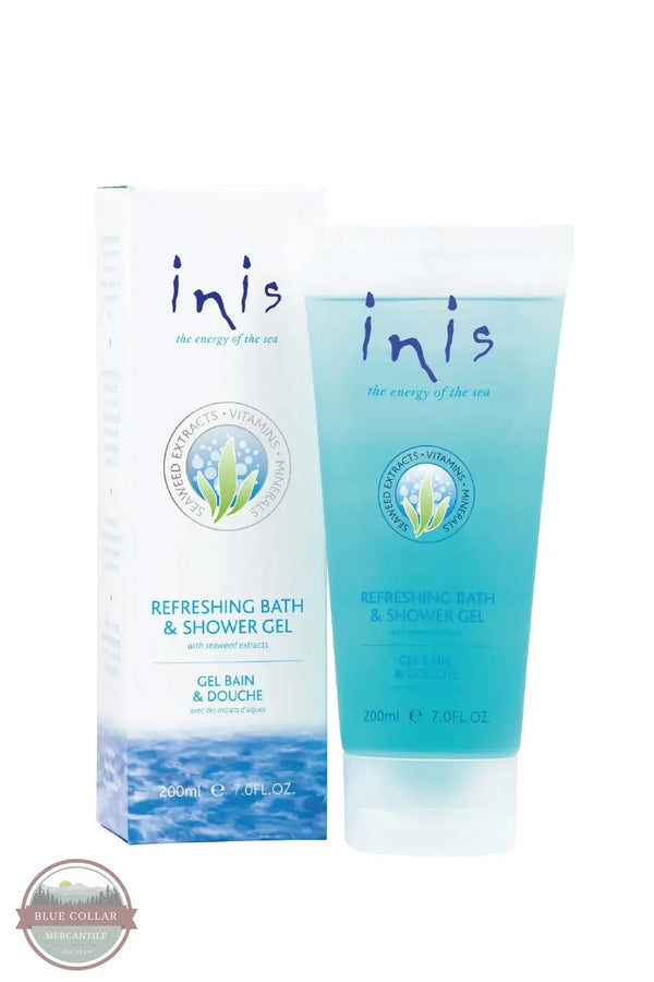 Inis 8005090 Refreshing Bath &amp; Shower Gel 7FL OZ. Inis Refreshing Bath & Shower Gel shown with its white and blue packaging box and the blue gel-filled squeeze tube on a white background.
