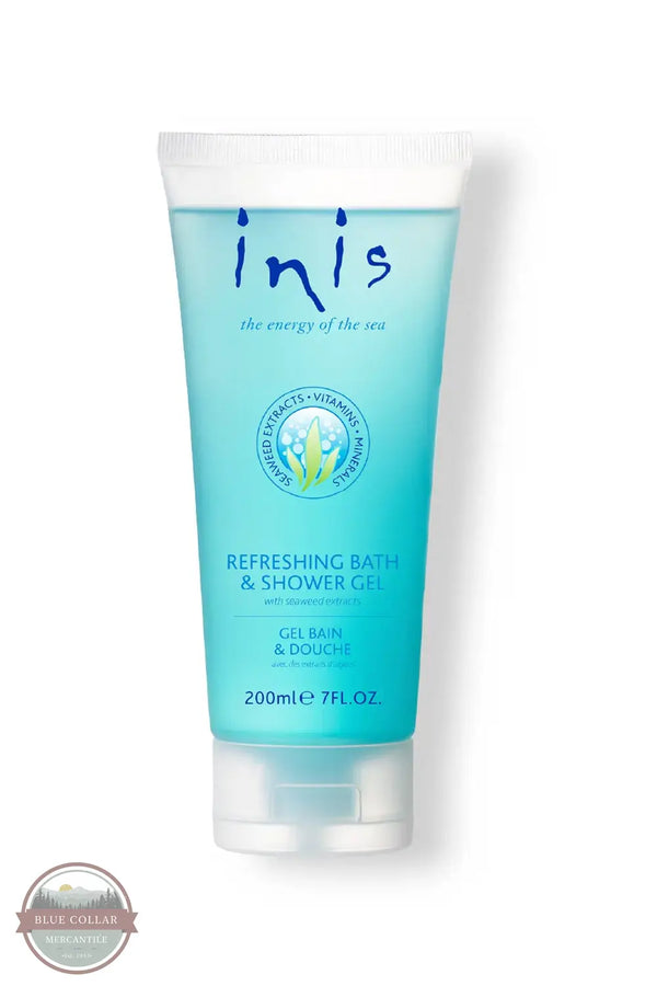Inis 8005090 Refreshing Bath &amp; Shower Gel 7FL OZ. A 200ml squeeze tube of Inis Refreshing Bath & Shower Gel, featuring a light blue and turquoise gradient design with the brand name 'inis' in blue script at the top, set against a plain white background.