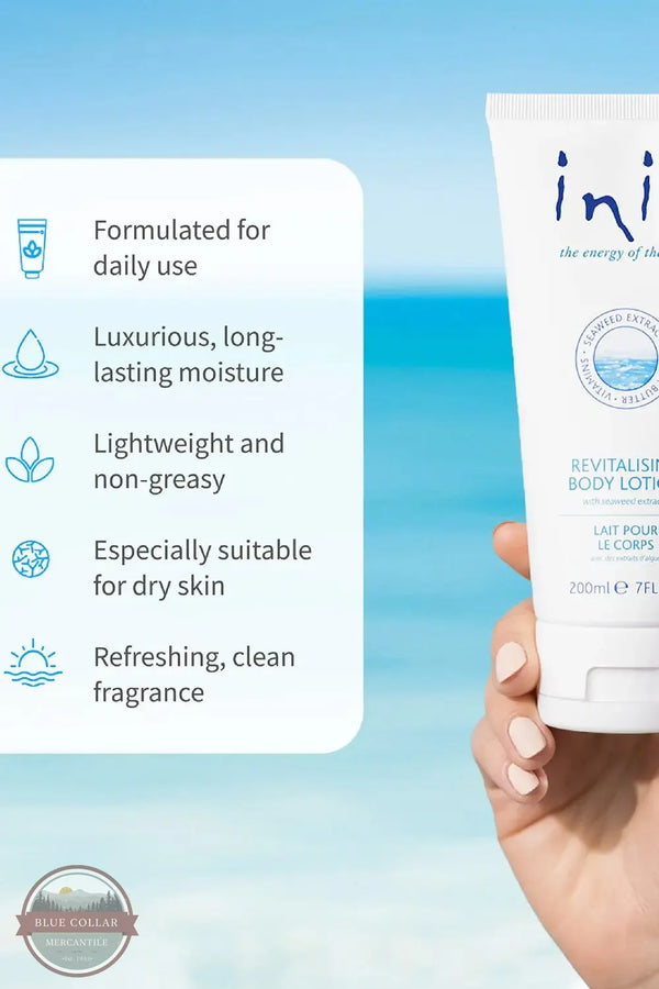 Inis 8005120 Revitalizing Body Lotion 7FL. OZ Formulated for daily use | Luxurious, long-lasting moisture | Lightweight and non-greasy 
 Especially suitable for dry skin 
 Refreshing, clean fragrance Text