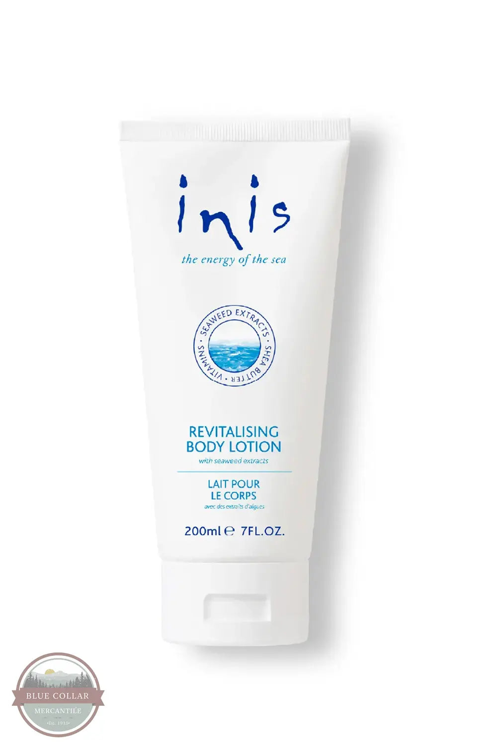 Inis 8005120 Revitalizing Body Lotion 7FL. OZ A 200ml white squeeze tube of Inis Revitalising Body Lotion on a white background, featuring blue text and logo details.