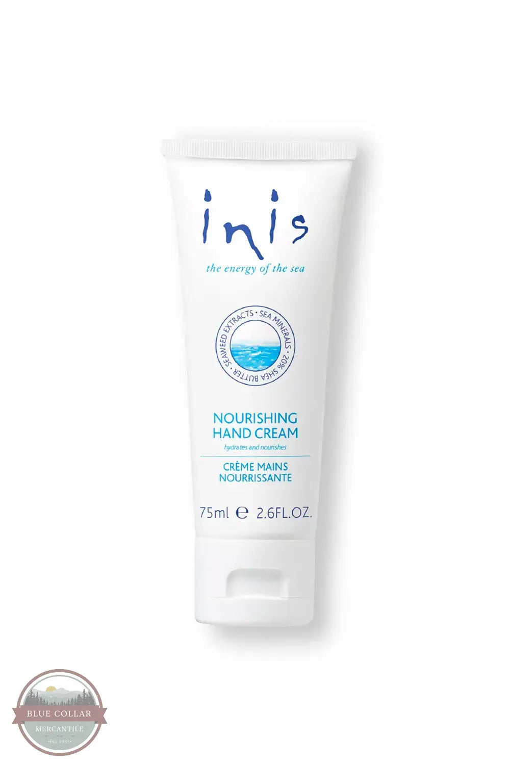 Inis 8015556 Nourishing Hand Cream 2.6FL. OZ. A 75ml white squeeze tube of Inis Nourishing Hand Cream with blue text and logo, set against a plain white background with a soft shadow.