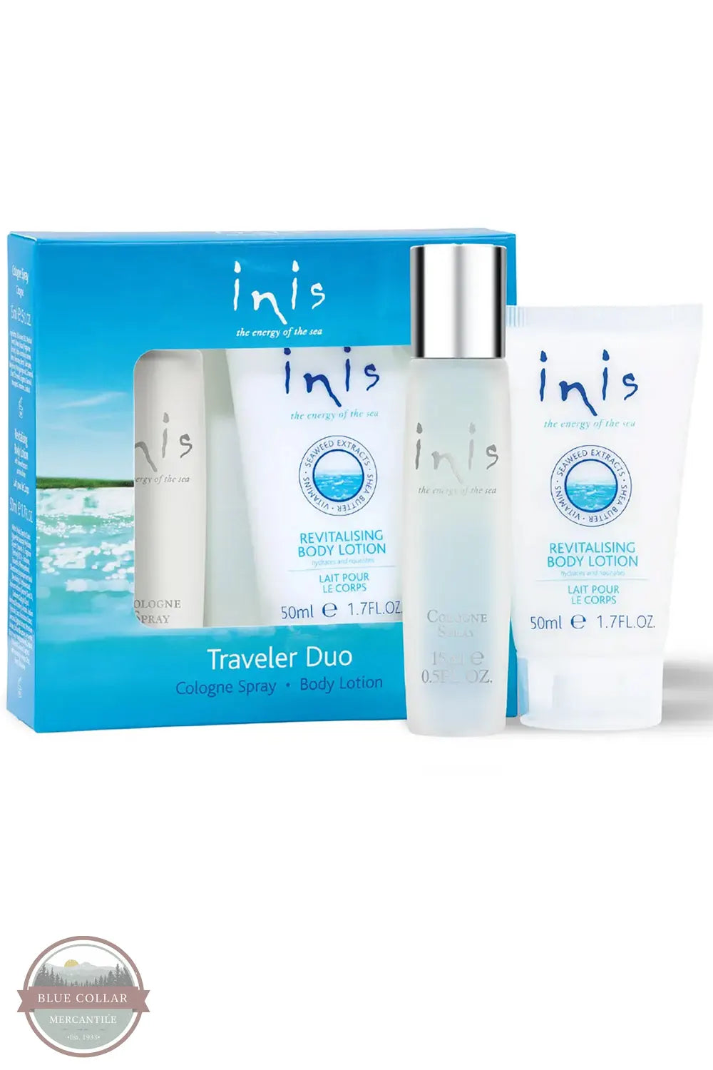 Inis 8016119 Traveler Duo Set Body Lotion and Cologne, Inis Traveler Duo gift set containing a cologne spray bottle, a body lotion tube, and a matching body lotion bottle, displayed in front of their blue and white packaging box on a white background.