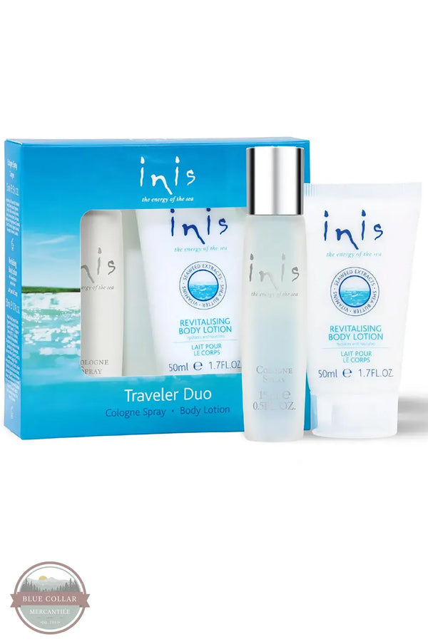 Inis 8016119 Traveler Duo Set Body Lotion and Cologne, Inis Traveler Duo gift set containing a cologne spray bottle, a body lotion tube, and a matching body lotion bottle, displayed in front of their blue and white packaging box on a white background.