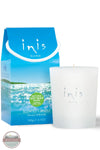 Inis 8017185 Scented Candle 6.7 oz., An Inis Home scented candle in a frosted white glass jar next to its blue packaging box, featuring a blue sky and ocean design with a green 'Natural Soy Wax' badge.