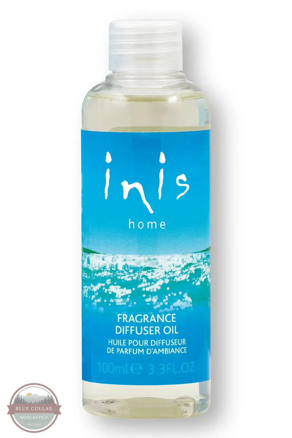 Inis 8017246 Fragrance Diffuser Refill 3.3 fl. oz., A 100ml bottle of Inis Home Fragrance Diffuser Oil on a white background. The bottle is clear, showing the pale yellow oil inside, and features a bright blue label with white text and a wave graphic.