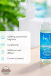 Inis 8017246 Fragrance Diffuser Refill 3.3 fl. oz., A bottle of Blue Collar 'home' fragrance diffuser refill next to a white reed diffuser bottle, with a text overlay detailing product features on a light beige surface with a blurred green and blue background.